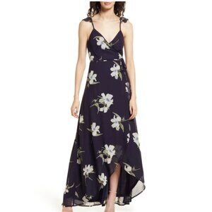 LULUS All Mine Navy Blue Floral Print High-low Wrap Dress